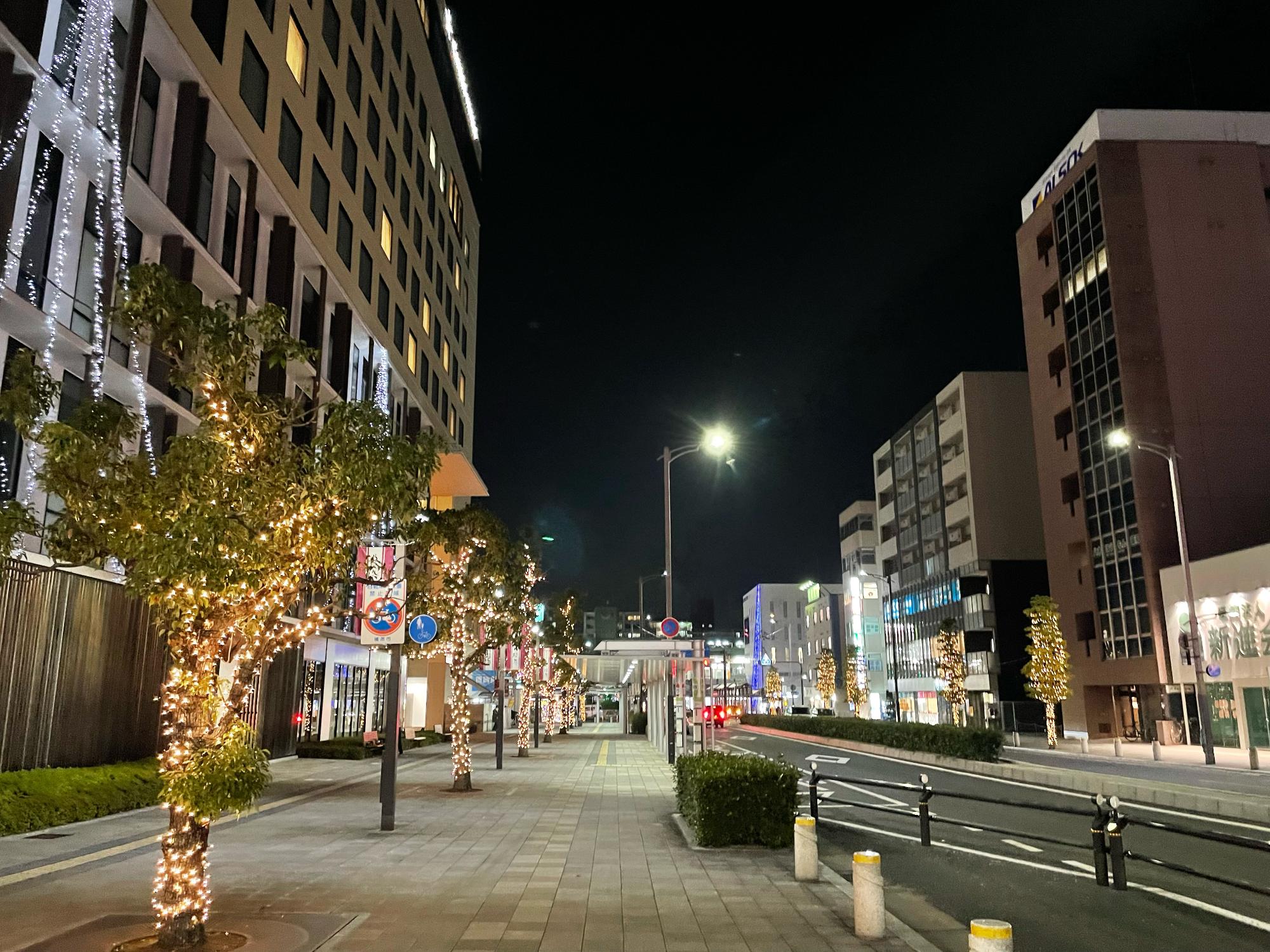 八木駅前の街路樹に設置されたイルミネーションの写真