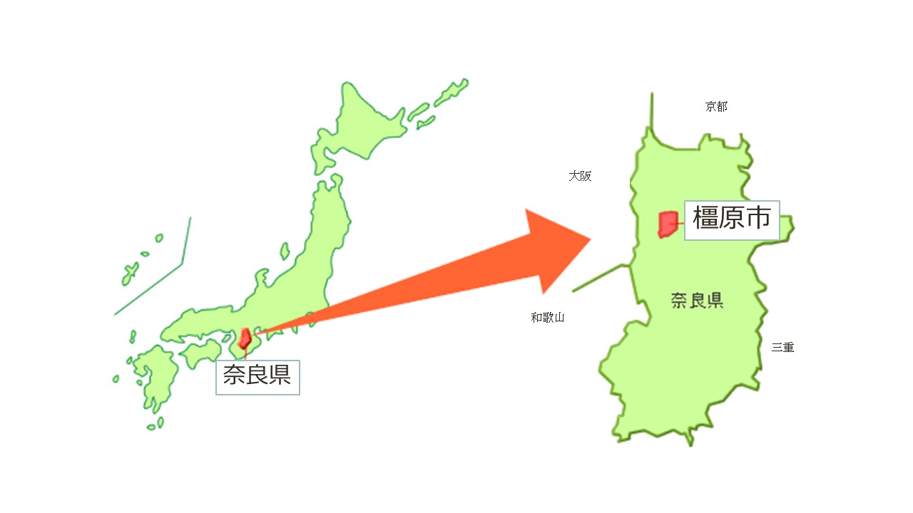 奈良県の中心から左上に位置する橿原市を指示した地図