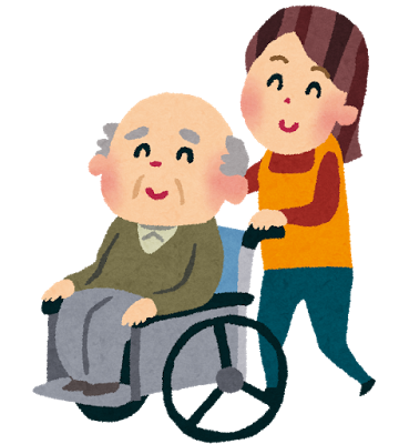 車椅子に乗った年配男性と、介助する女性のイラスト