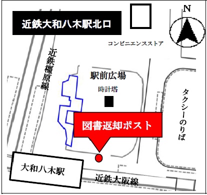 近鉄大和八木駅北側の図書返却ポストを示す地図