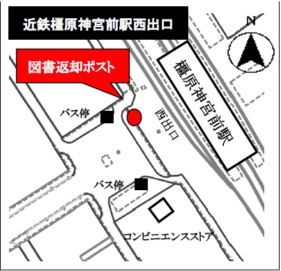 近鉄橿原神宮前駅西出口の図書返却ポストを示す地図