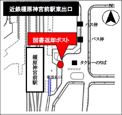 近鉄橿原神宮前駅東出口の図書返却ポストを示す地図