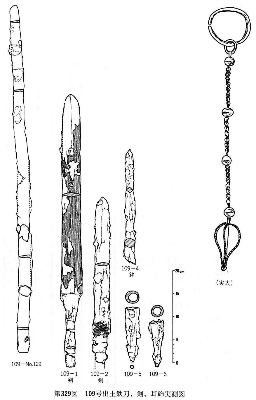 第329図109号出土鉄刀・剣・耳飾実測図