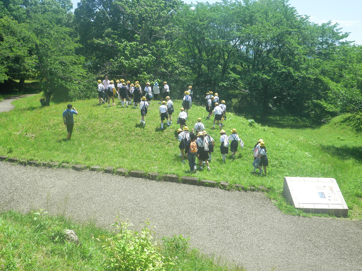 史跡新沢千塚古墳群での校外学習を行う複数の生徒たちの写真
