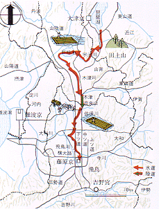 田上山から藤原京までの道を記した地図