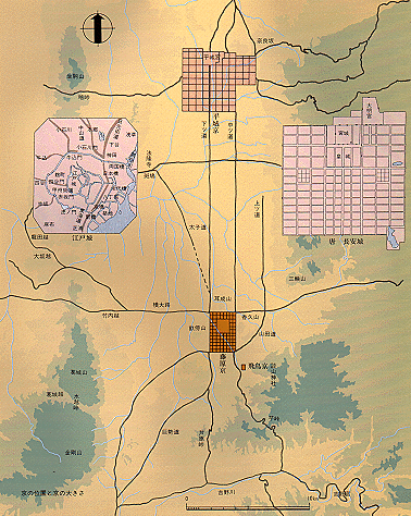 藤原京の当時の位置と大きさをが記された地図の写真