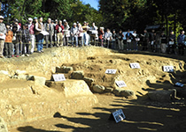遺跡の発掘場とその周りを取り囲む大勢の人々の写真