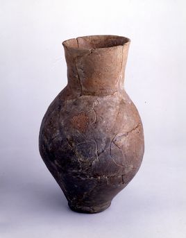 上ノ山遺跡から出土したスッポンが描かれた絵画土器・長頸壷の写真