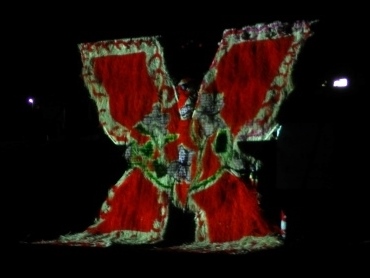 蝶の形の中に赤や緑色の柄が映されたプロジェクションマッピングの写真