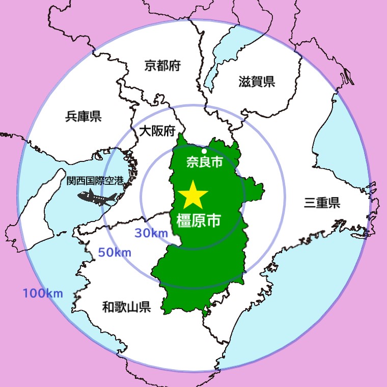 橿原市を中心とした周辺の地図