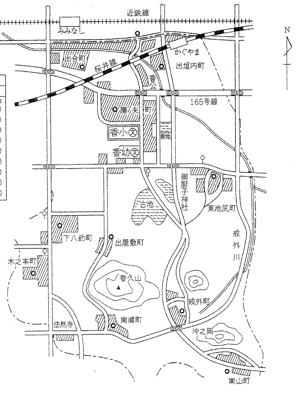 香久山小学校周辺の校区案内の白黒の地図