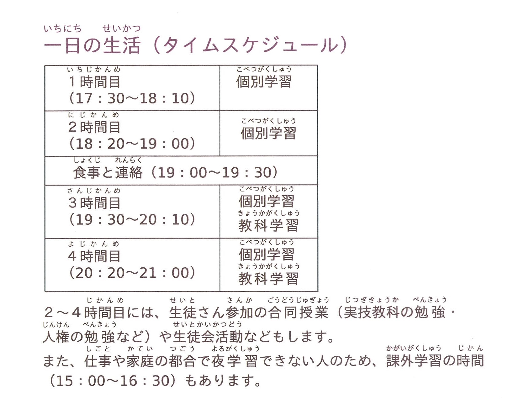 畝傍中学校二部の一日のタイムスケジュール