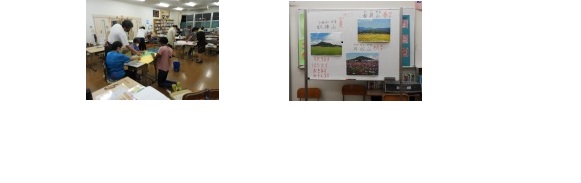 一枚目が畝傍夜間中の生徒がちぎり絵を貼っている写真。二枚目が作業中のちぎり絵をホワイトボードに貼った写真。