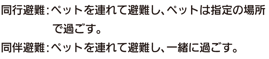 同行避難：ペットを連れて避難し、ペットは指定の場所で過ごす。 同伴避難：ペットを連れて避難し、一緒に過ごす。